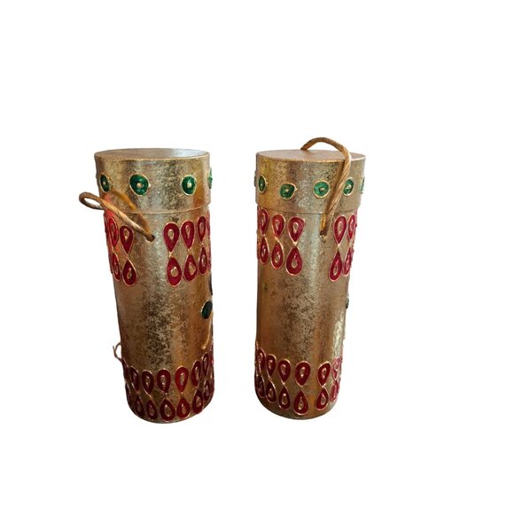Christmas Handcrafted Decorative Gold Cylindrical Storage Containers Red Green - Picture 3 of 8